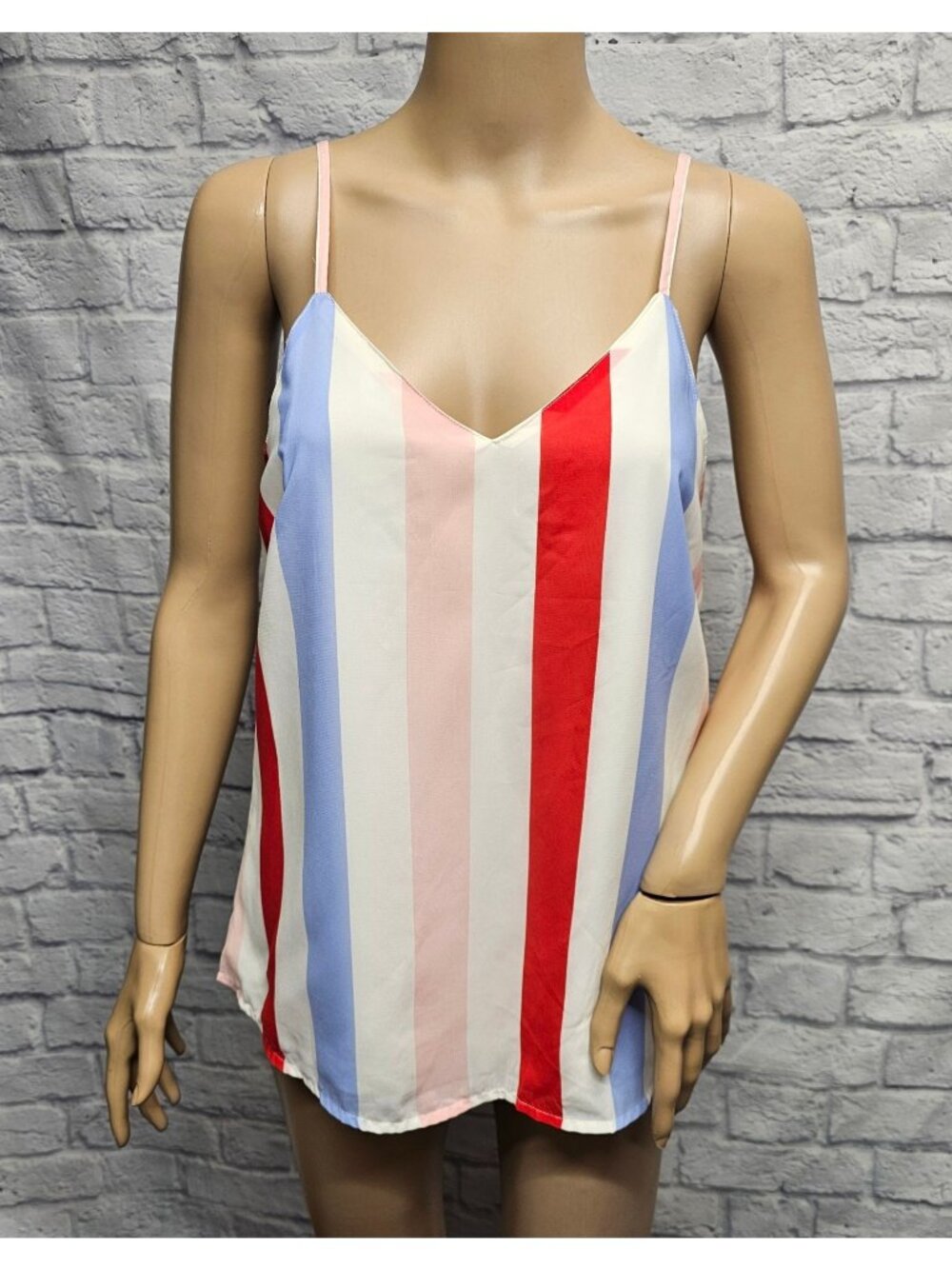 NWT JAPNA M CHIFFON PINK BLUE RED IVORY STRIPED V-NECK CAMI ADJUSTABLE TANK TOP